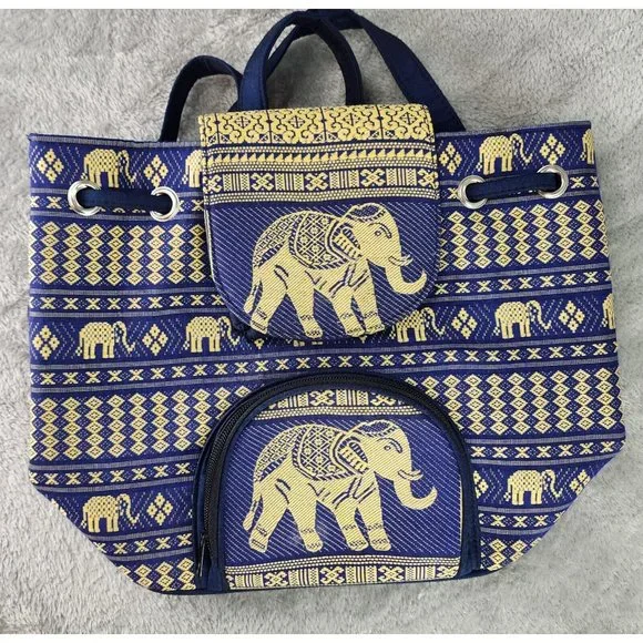 Thai Backpack Womens Blue Gold Indie Elephant Pattern Lightweight Drawstring